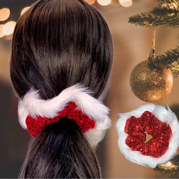 Santa Fur Sequence Scrunchie, Hair Accessory |Handmade Gift, Hair Tie, Stocking - Picture 1 of 13